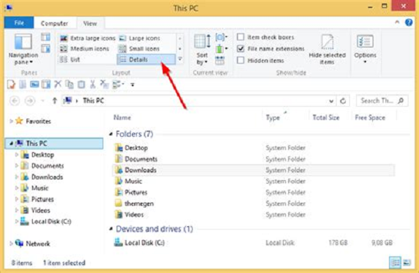 Click the View tab and select Details