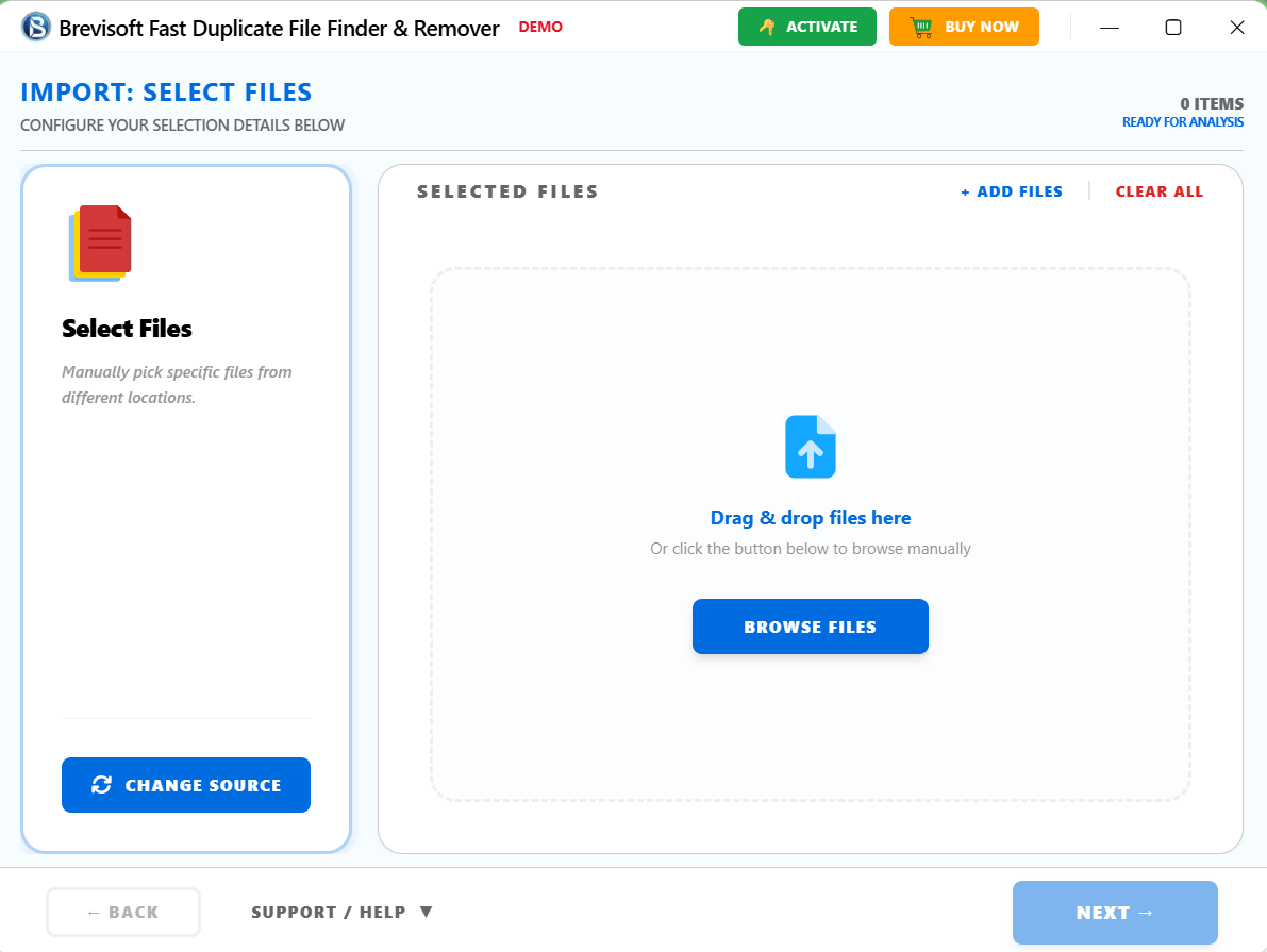 Select Files option to initiate the process