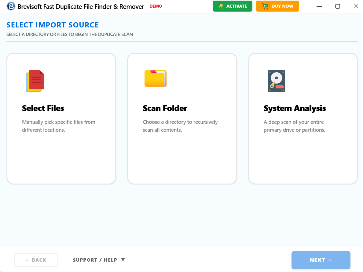 Select Files, Scan Folder or System Analysis