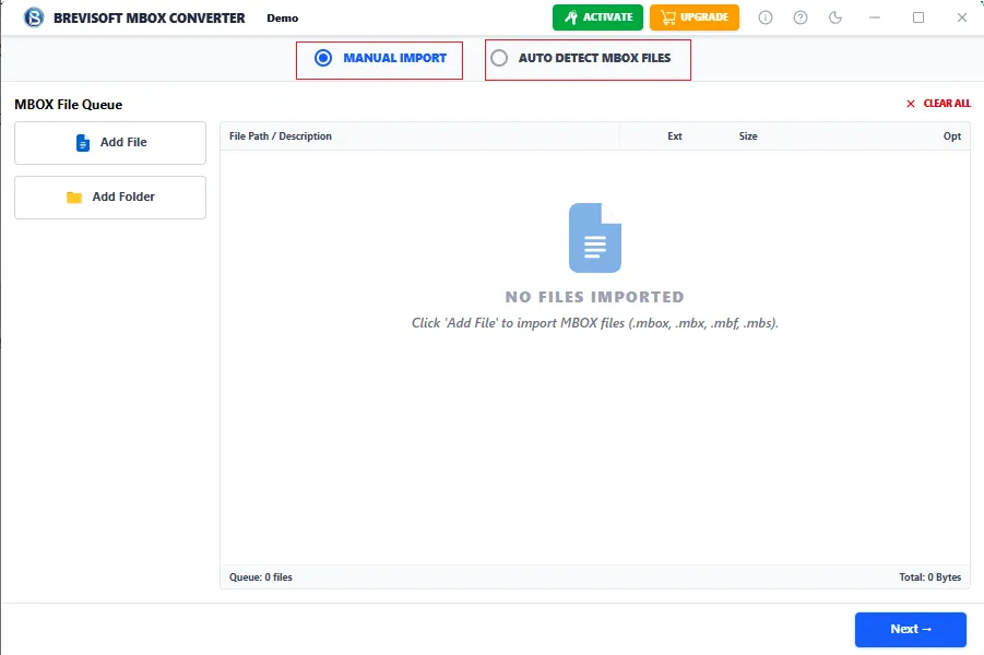 Choose Mailbox files from software interface