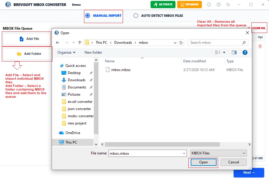 Choose Mailbox files from software interface