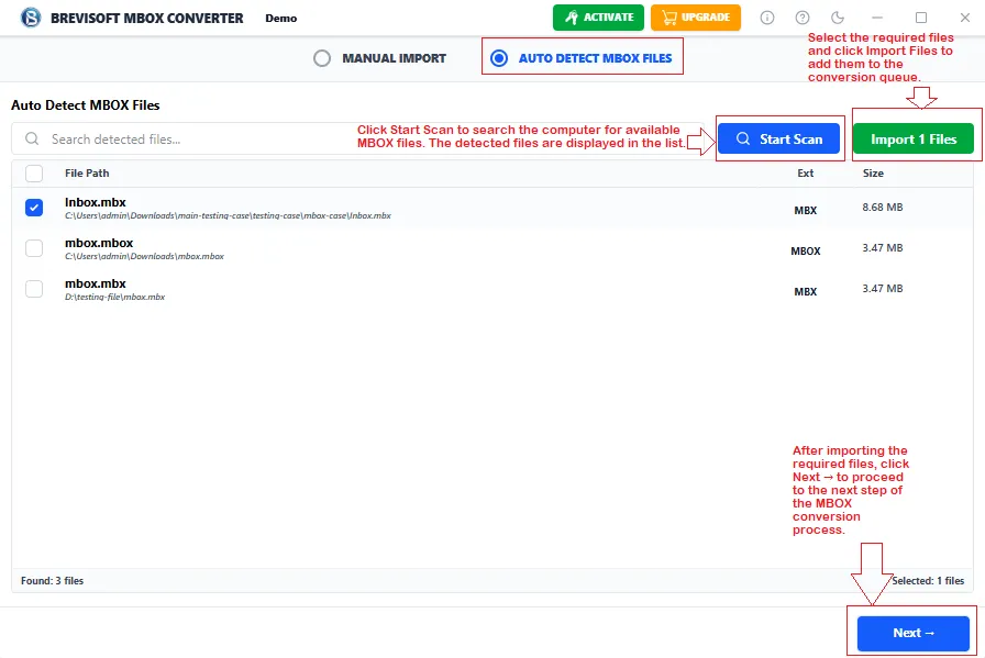 Choose Mailbox files from software interface