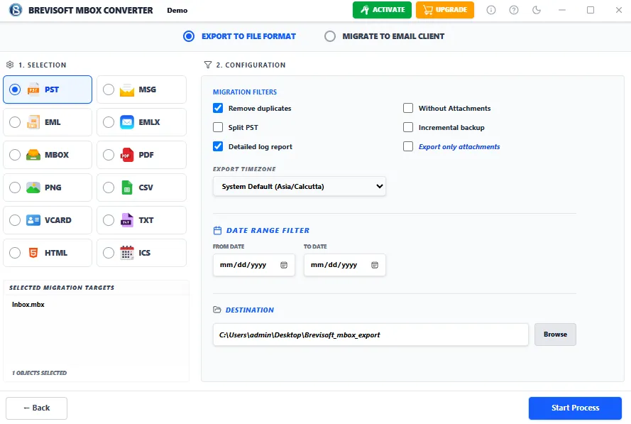 Choose Mailbox files from software interface