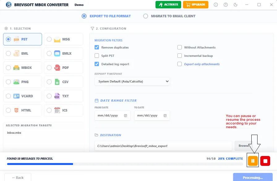 Choose Mailbox files from software interface