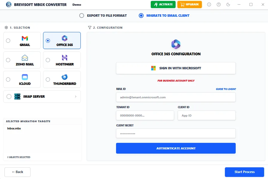 Choose Mailbox files from software interface