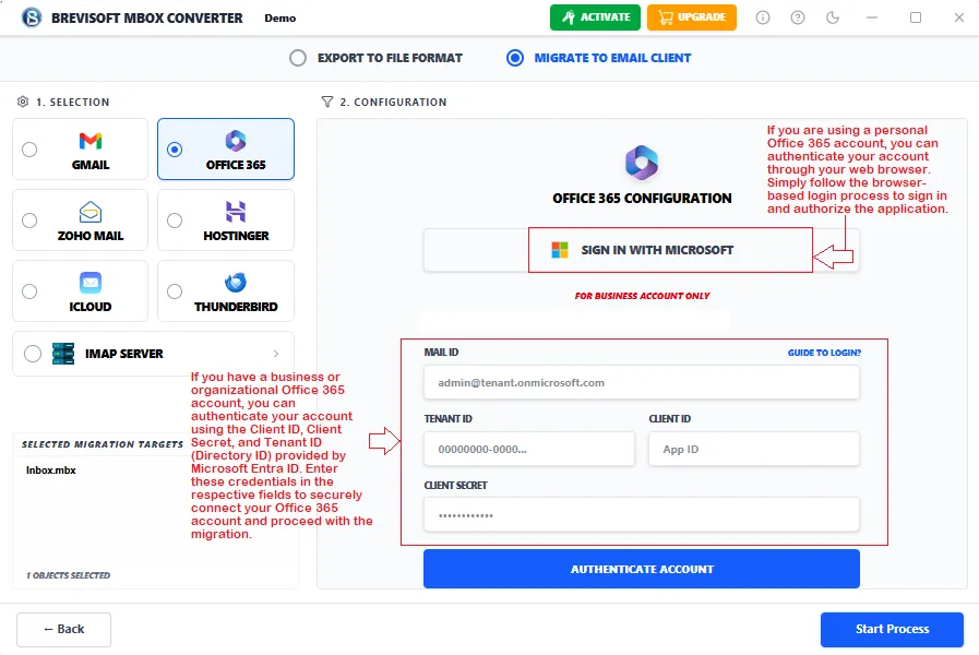 Choose Mailbox files from software interface