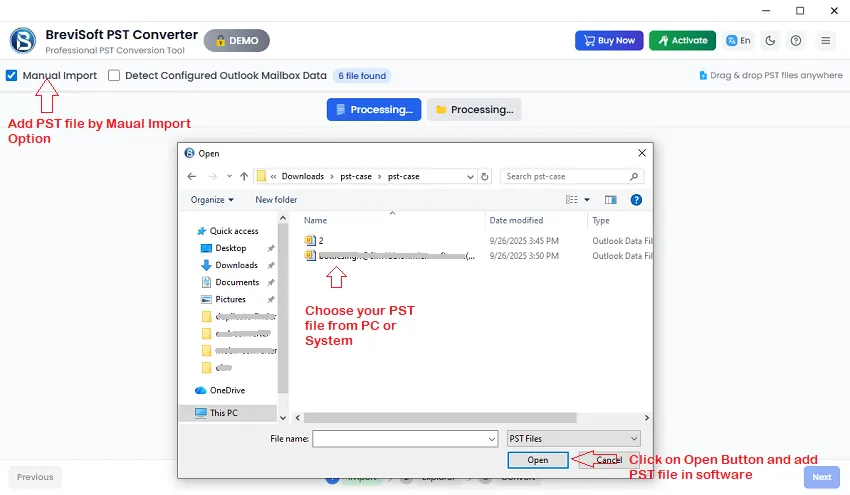 Choose Mailbox files from software interface