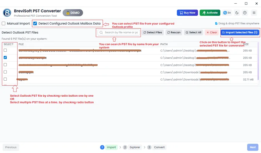 Choose Mailbox files from software interface