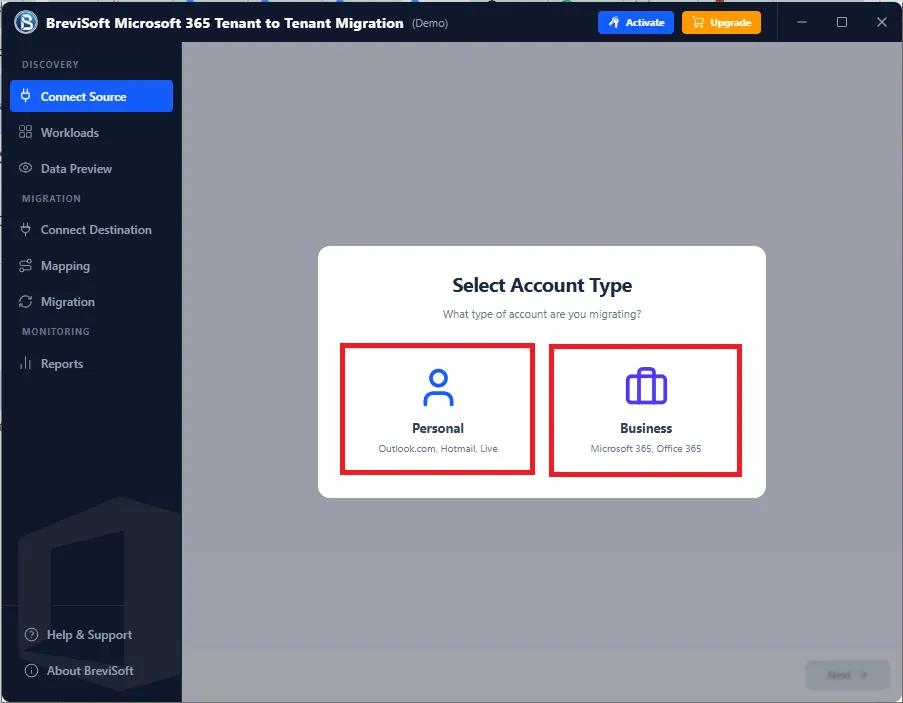 Choose Mailbox files from software interface